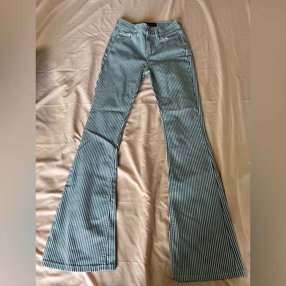 White and blue striped high rise flare jeans